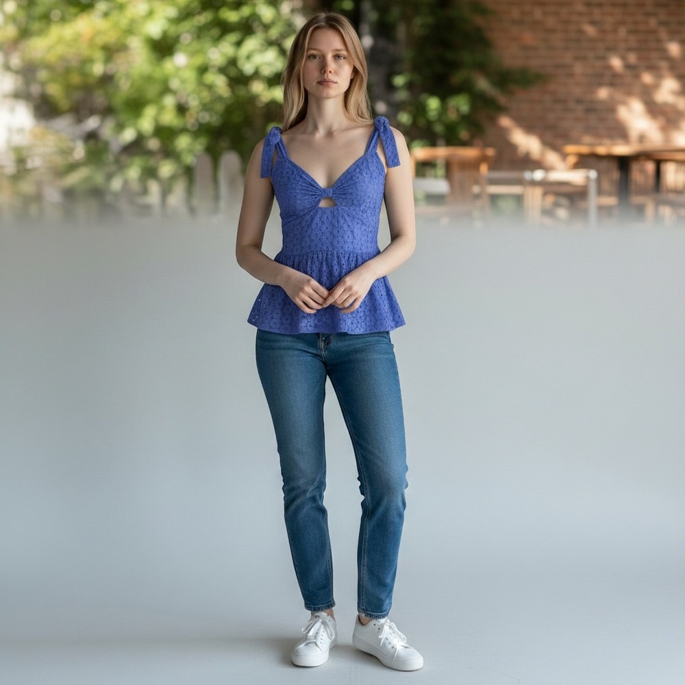 Blue Eyelet Smocked Euro Summer Top Small Peplum Dolce Vita Boho Chic Resortwear